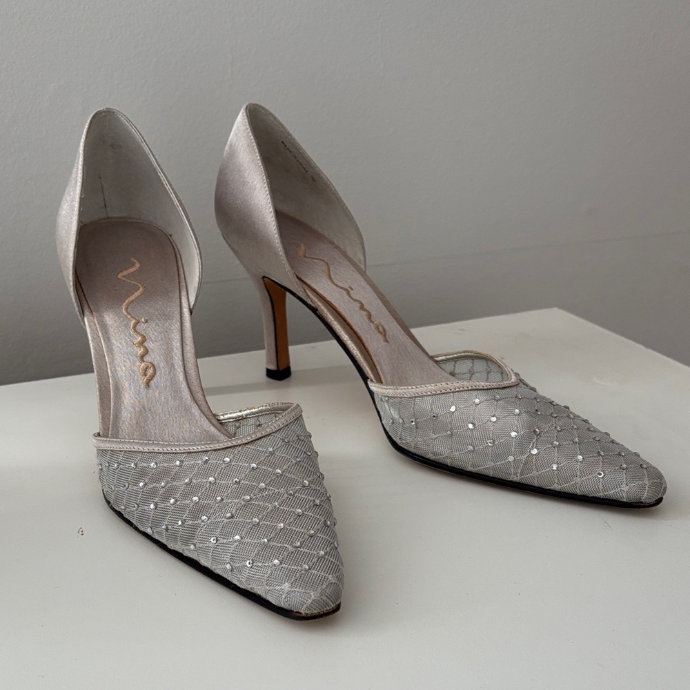 Nina Women's Silver Mesh and Rhinestone Heels